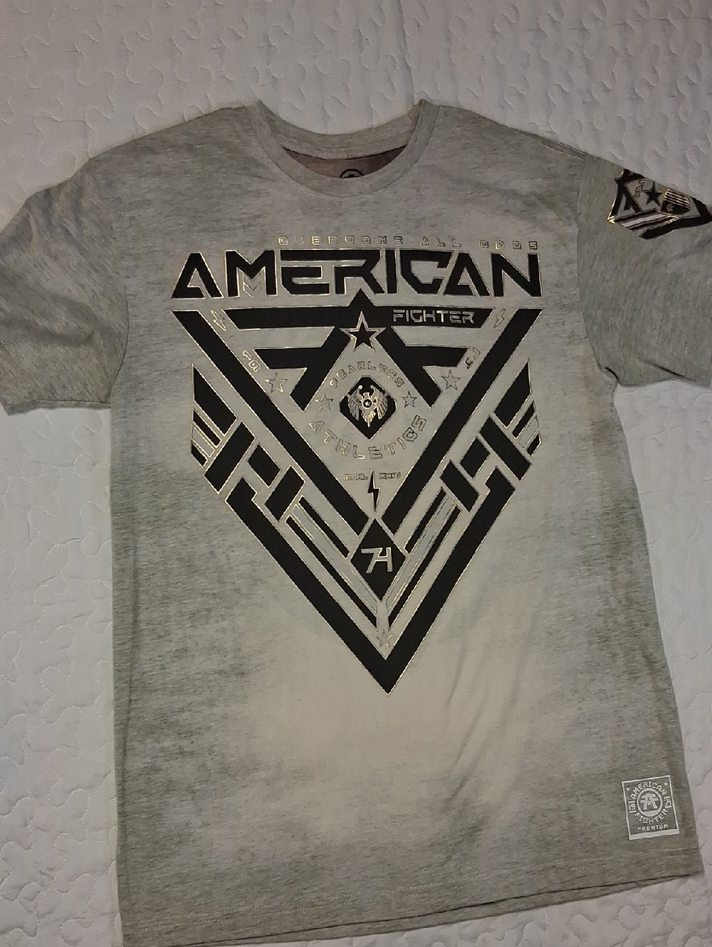 American Fighter Gray Short Sleeve Graphic Tee with Black Print Gold Accents